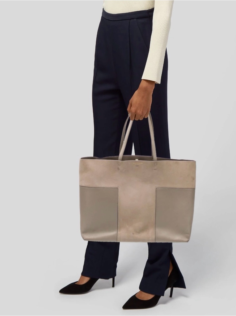 Tory Burch  block T north south  Two-Tone Taupe Gray Leather big Tote Bag
